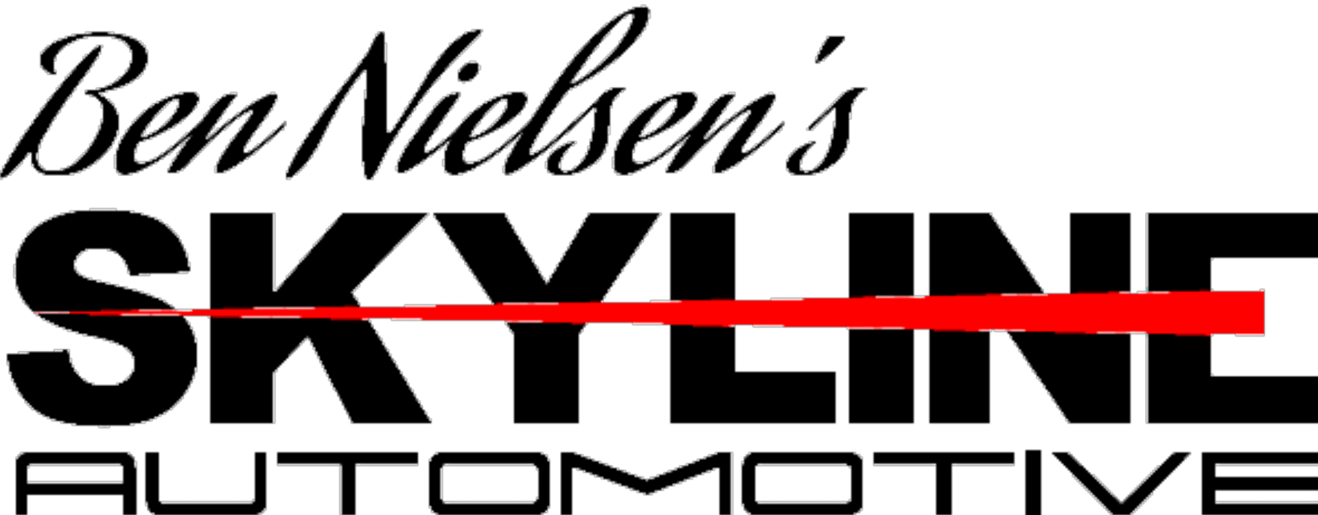 The logo for ben nielsen 's skyline automotive has a red line through it.