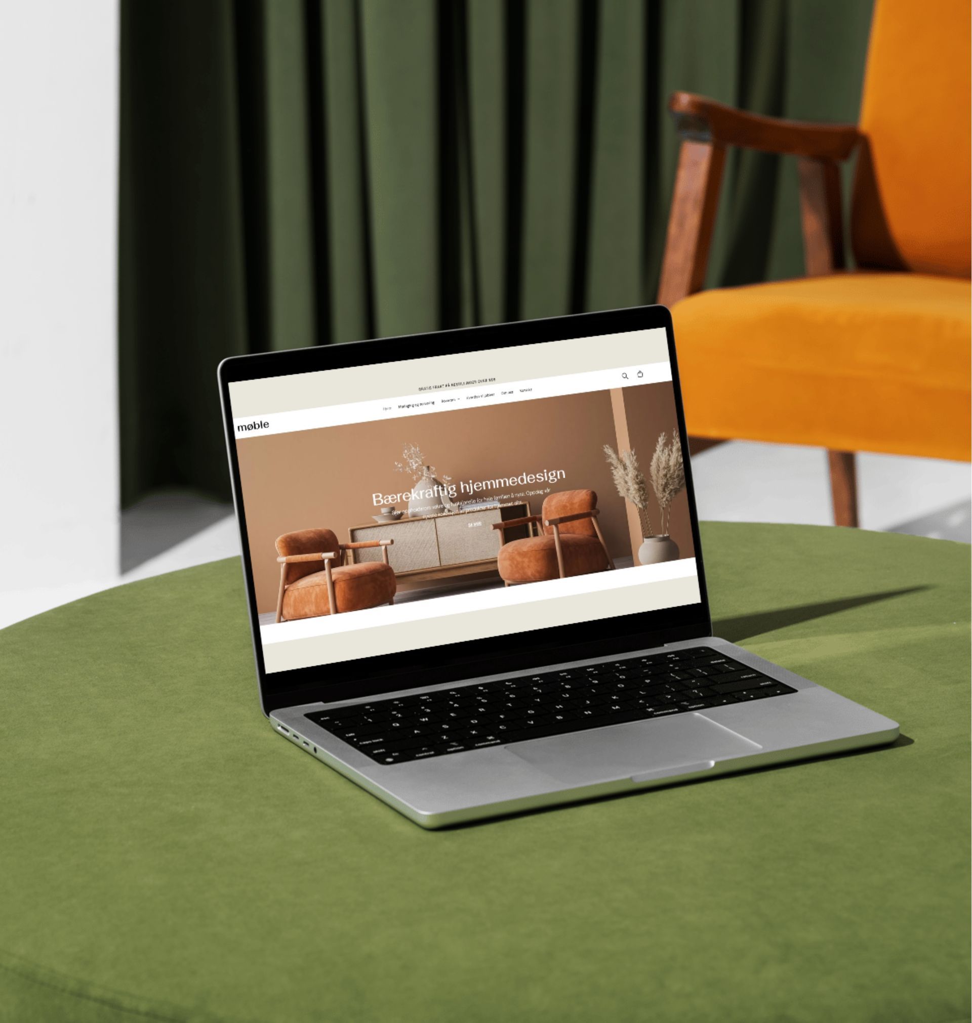 A laptop is sitting on a table next to a chair.