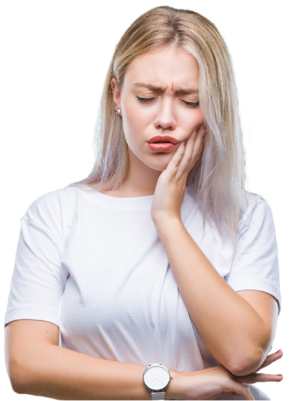 A woman is holding her face in pain because of a toothache.