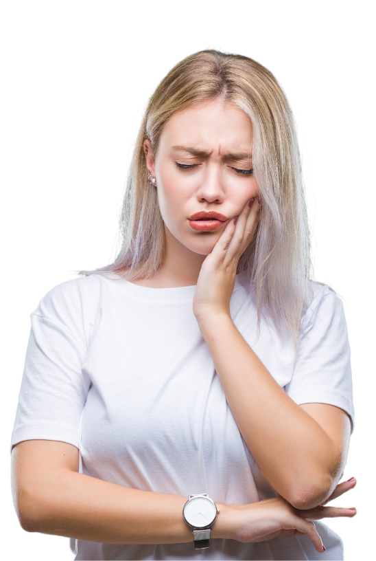 A young woman is holding her face in pain because of a toothache.