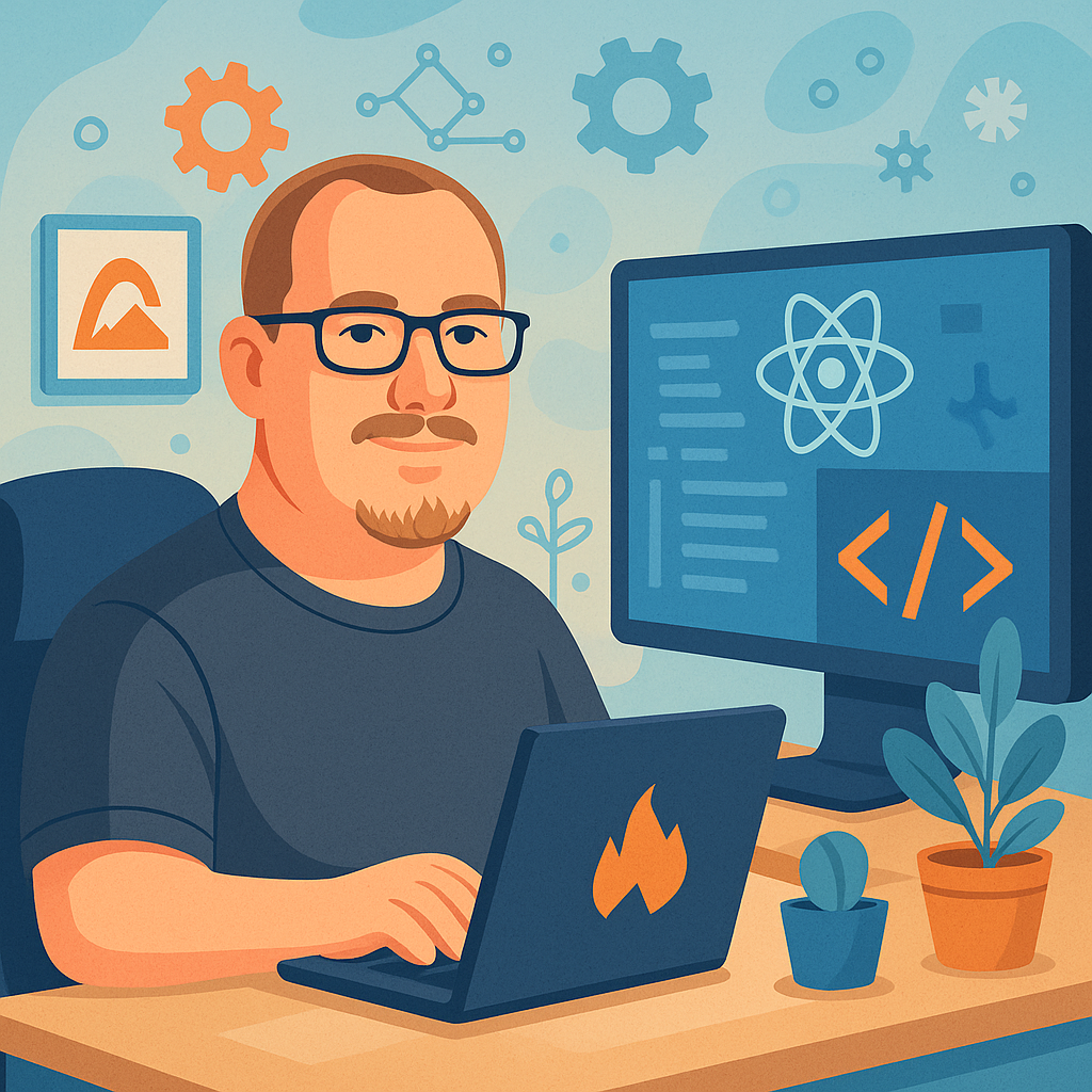 A pixel art illustration of a man sitting at a desk using a laptop computer.