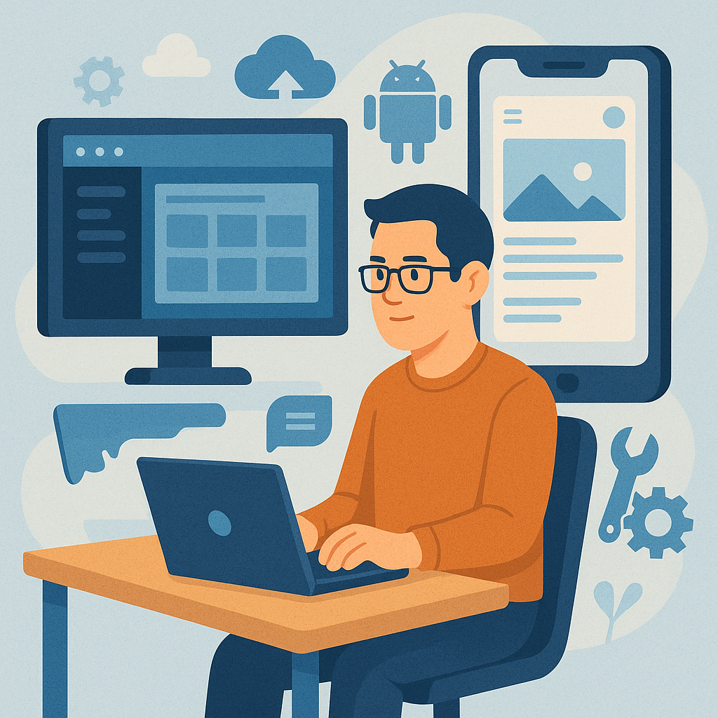A man is sitting at a desk using a laptop computer.