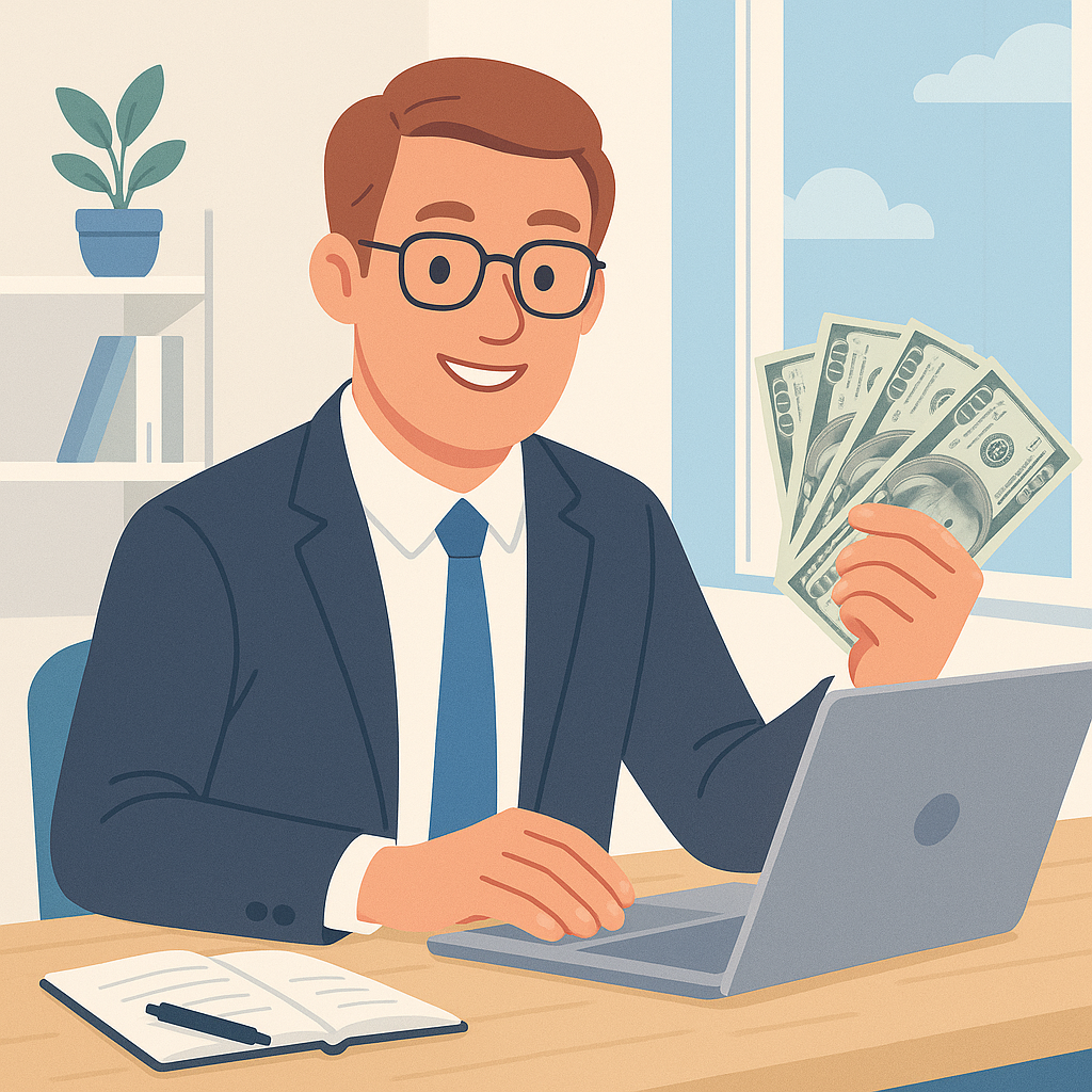 A man in a suit and tie is sitting at a desk with a laptop and holding money.