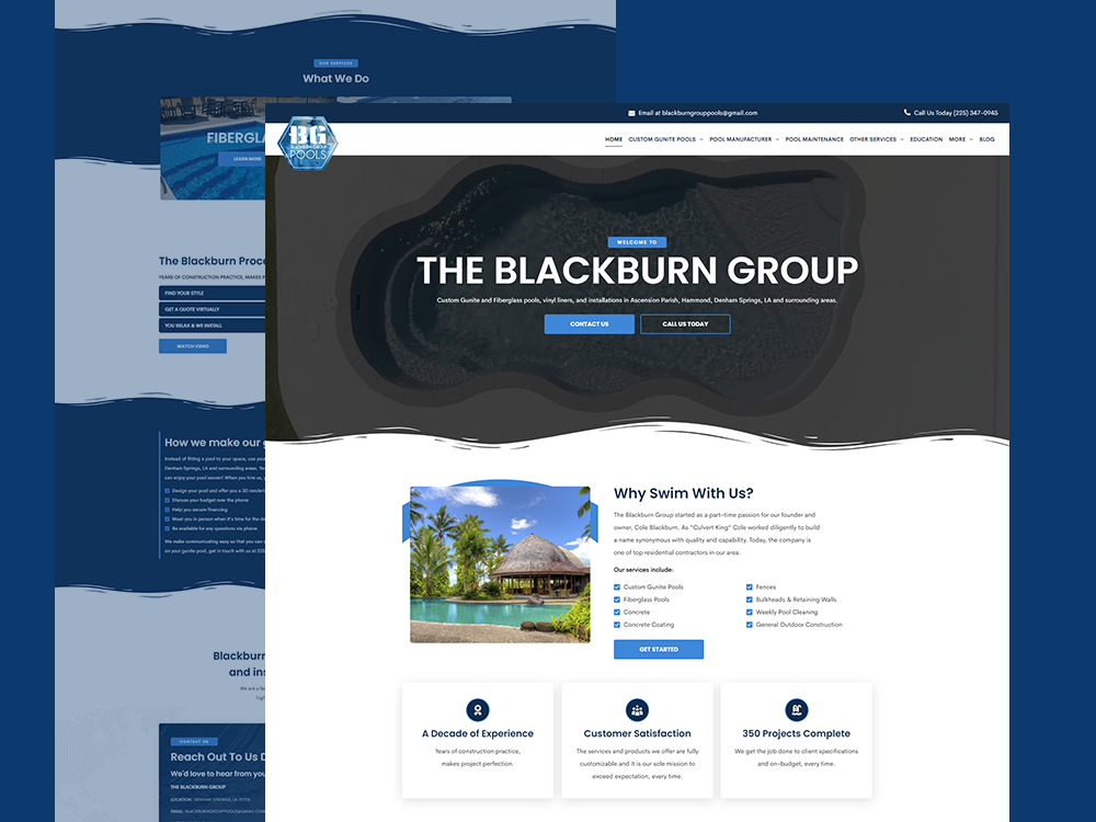 A website for the blackburn group shows a picture of a swimming pool.