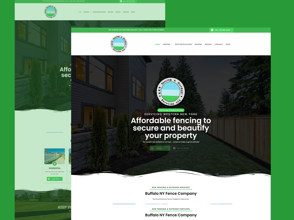 A website for a fencing company is shown on a green background.