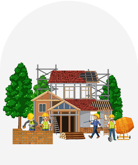 A group of construction workers are working on a house under construction.