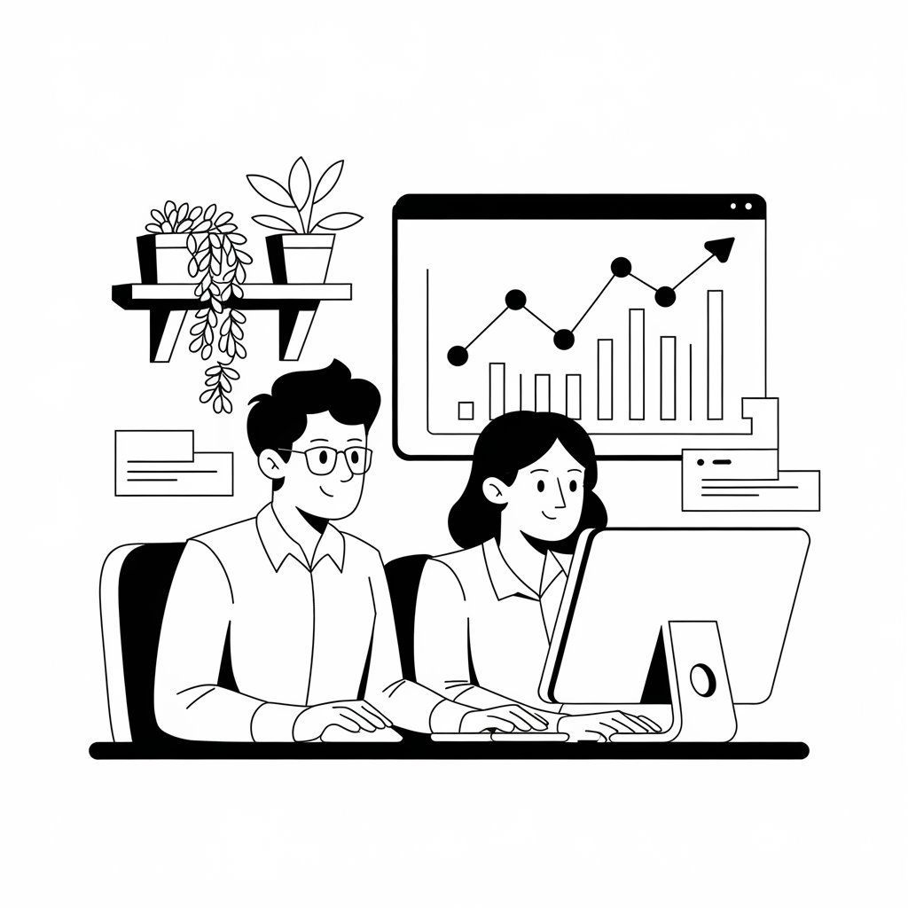 A man and a woman are sitting at a desk looking at a computer screen.