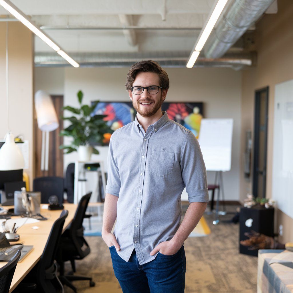 A man wearing glasses is standing in an office with his hands in his pockets.