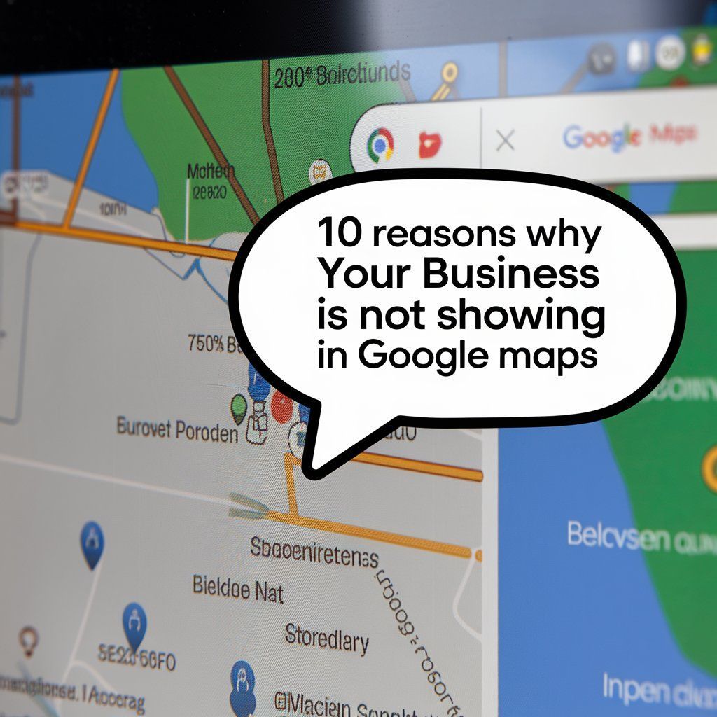 A computer screen with a speech bubble that says 10 reasons why your business is not showing in google maps