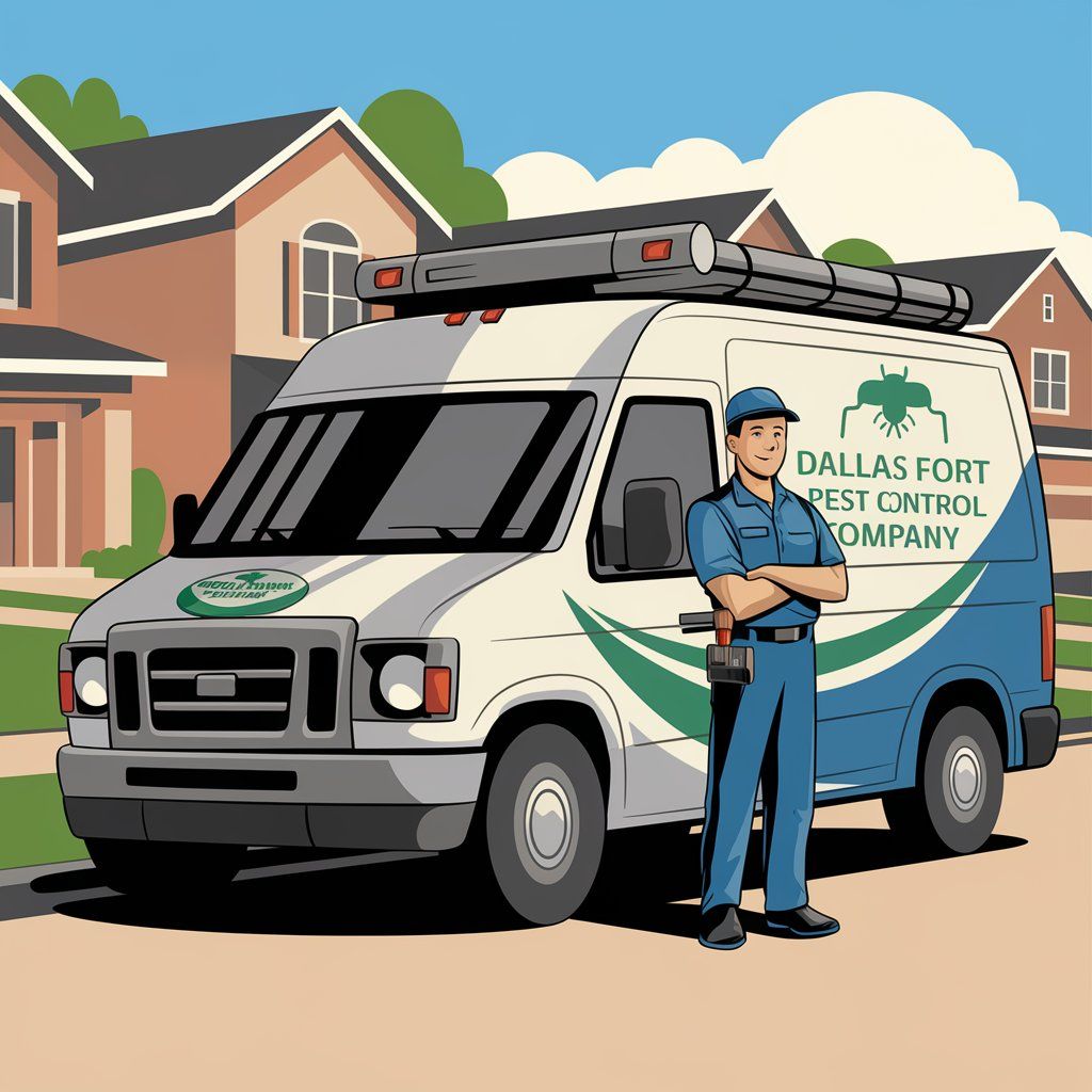 A man is standing in front of a dallas fort pest control company van