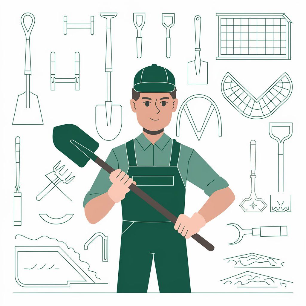 A man is holding a shovel in front of a set of gardening tools.