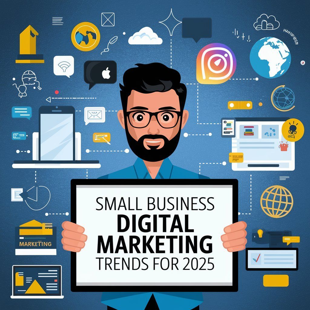 A man is holding a sign that says small business digital marketing trends for 2025.