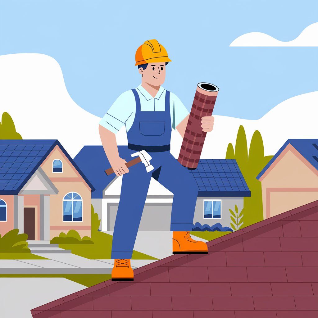 A man is standing on top of a roof holding a hammer and a roll of shingles.