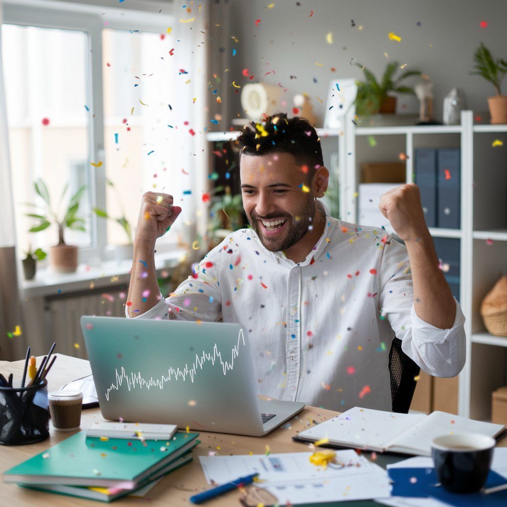 A man is sitting at a desk in front of a laptop computer with confetti falling around him.