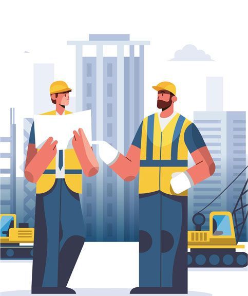 Two construction workers are standing next to each other on a construction site.