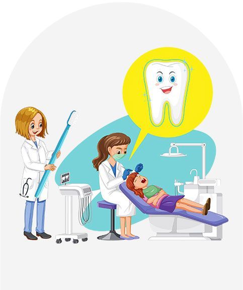 A cartoon illustration of a dentist examining a child 's teeth.