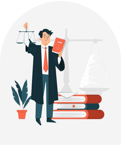 A cartoon illustration of a judge holding a scale and a book.