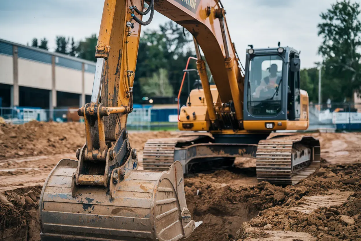 A large excavator is digging a hole in the ground at a construction site.