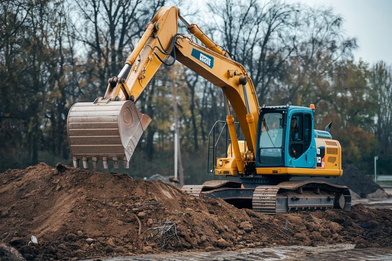 A yellow and blue excavator is digging a pile of dirt on a construction site.