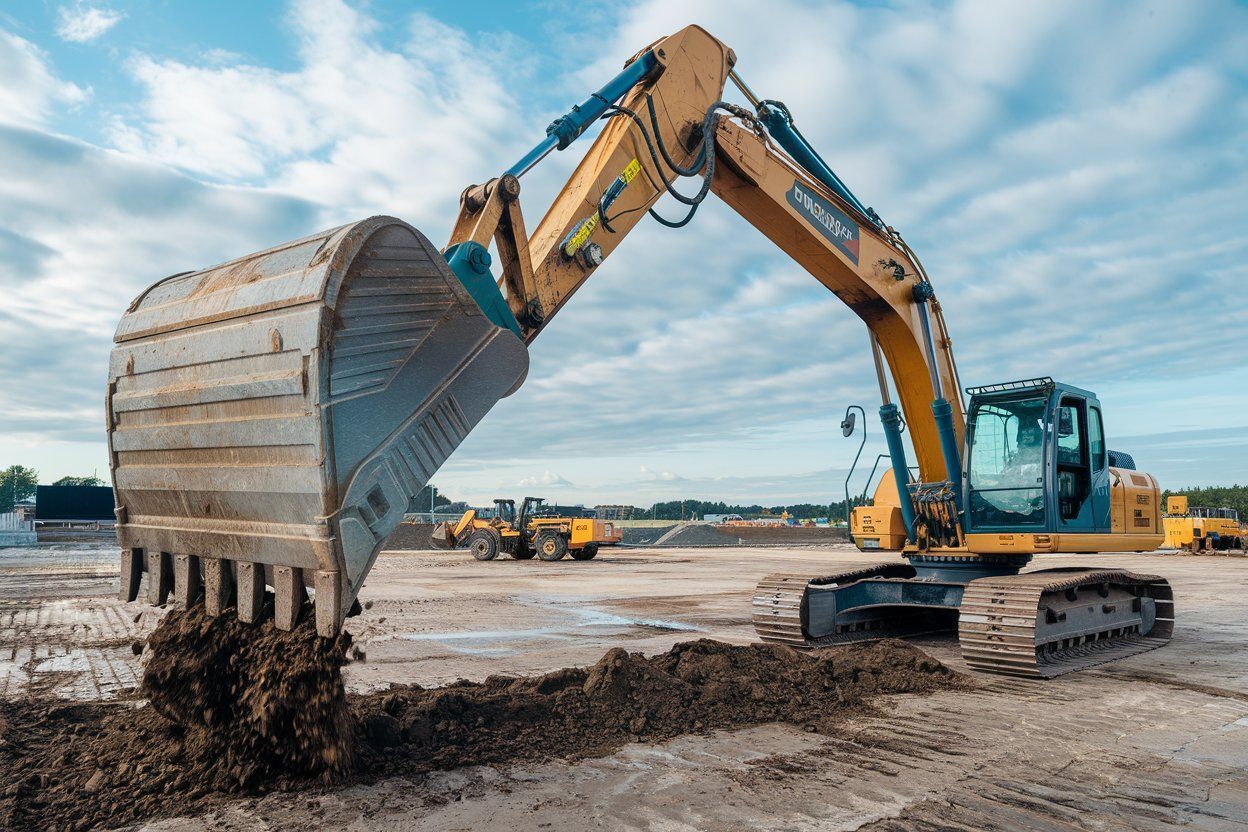 A large excavator is digging a hole in a dirt field.