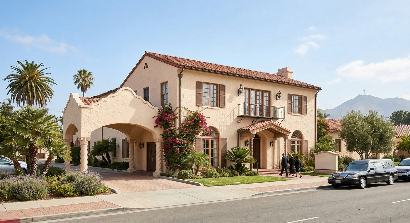 A two-story, cream-colored Spanish Colonial Revival building with a covered driveway, terra cotta roof, and nearby cars.