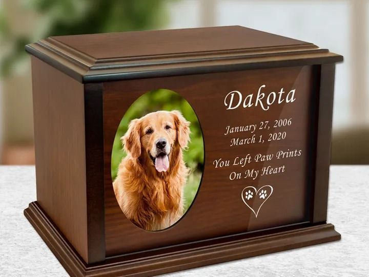 Personalized wooden pet urn with photo and engraved memorial for dog ashes