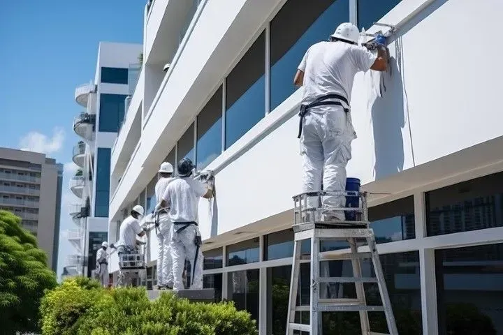 Team of commercial painters on ladders painting a large building.