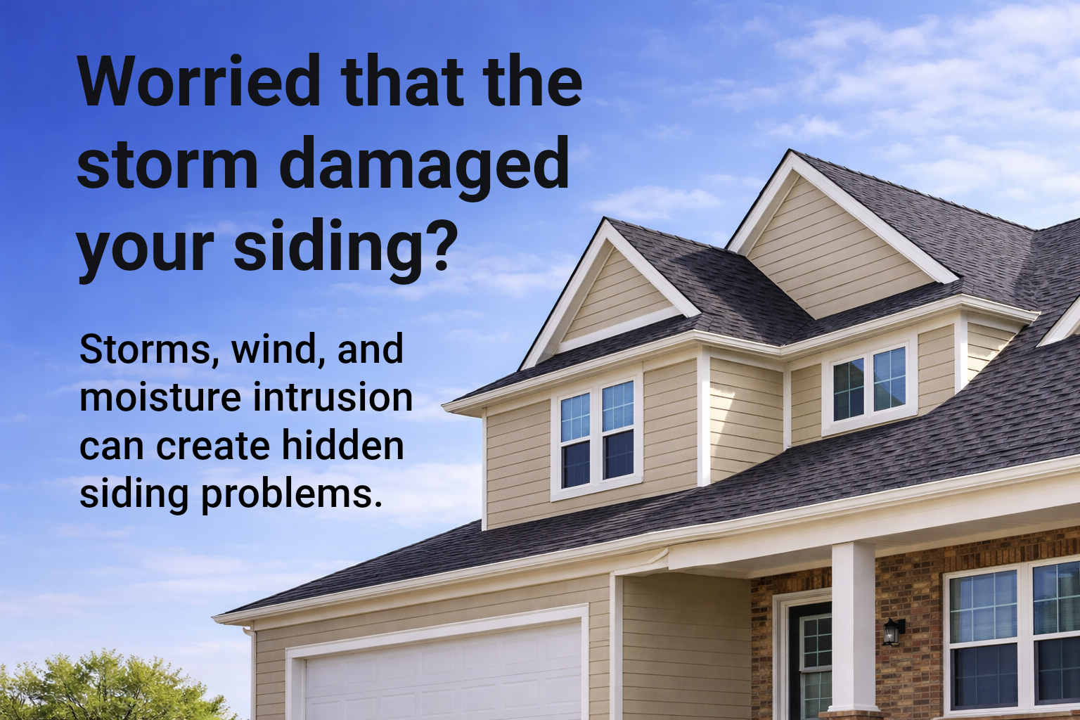 Home exterior with storm siding inspection headline and subheadline.