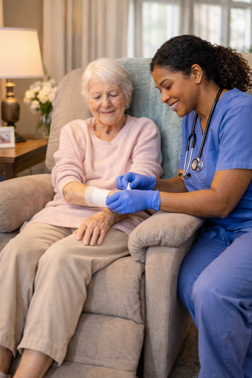 A healthcare worker in blue scrubs treats an arm wound on a person seated in a recliner chair.