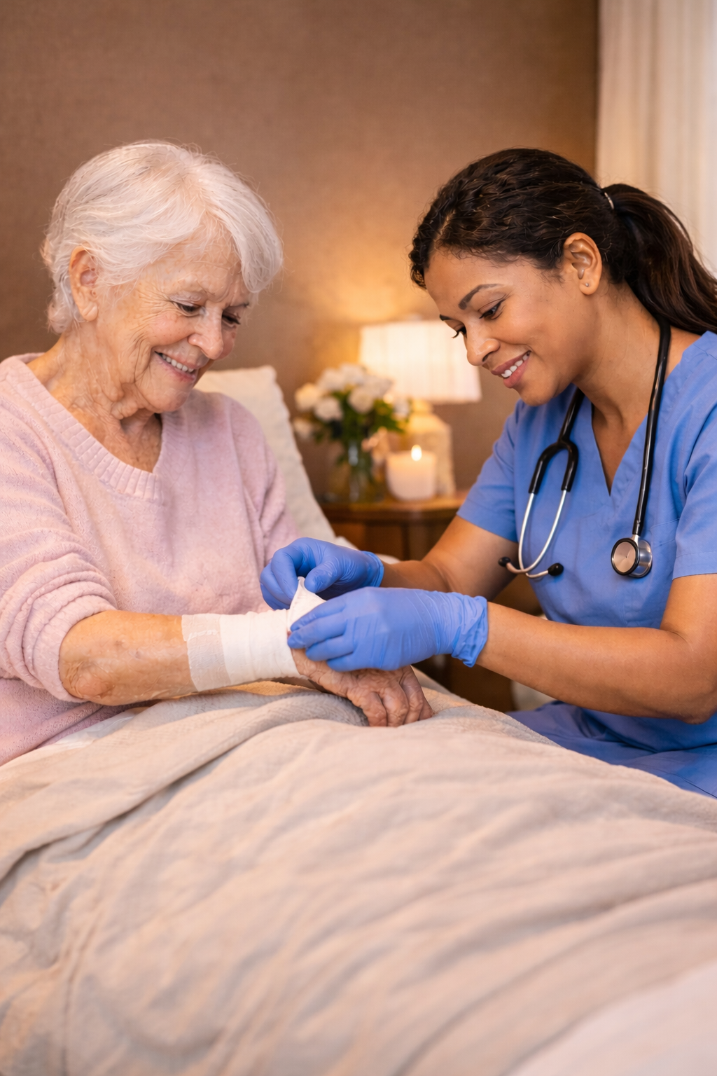 Nurse bandaging patient's wrist in a bedroom setting; both smiling, nurse wearing blue scrubs and gloves.