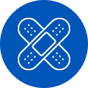 Two white crossed bandages on a blue circle background.