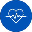 White outline of a heart with a heart rate line inside, on a blue circle.