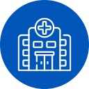 White outline of a hospital building with a cross on top, inside a blue circle.