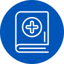 White outline of a medical book with a plus sign on the cover, set on a blue circle.