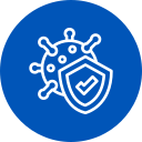 Virus with shield icon. Blue circle background.