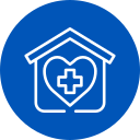 Blue circle with a white outline of a house, heart, and medical cross symbol.