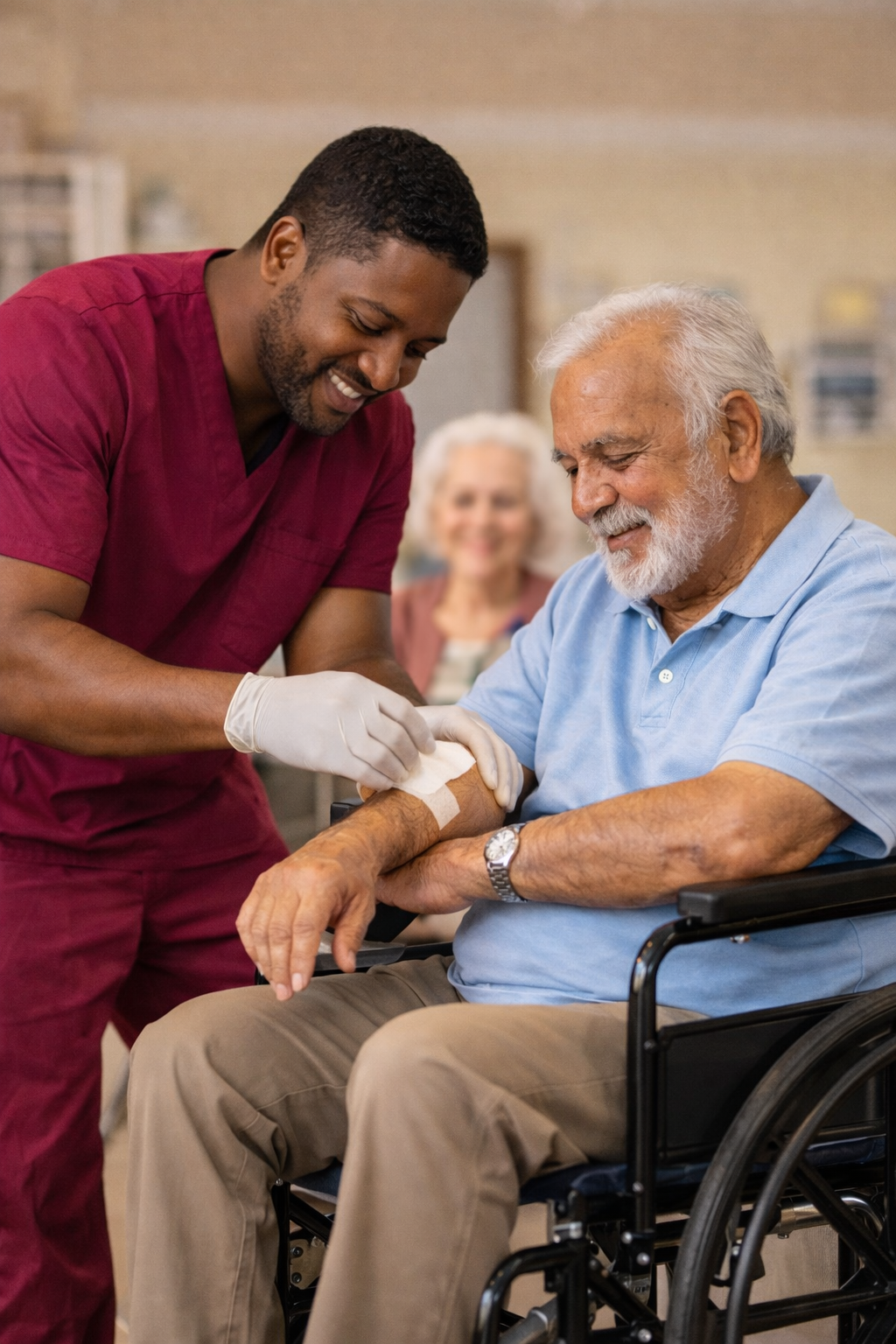 Caregiver applying a bandage to an elderly person's arm, indoors.