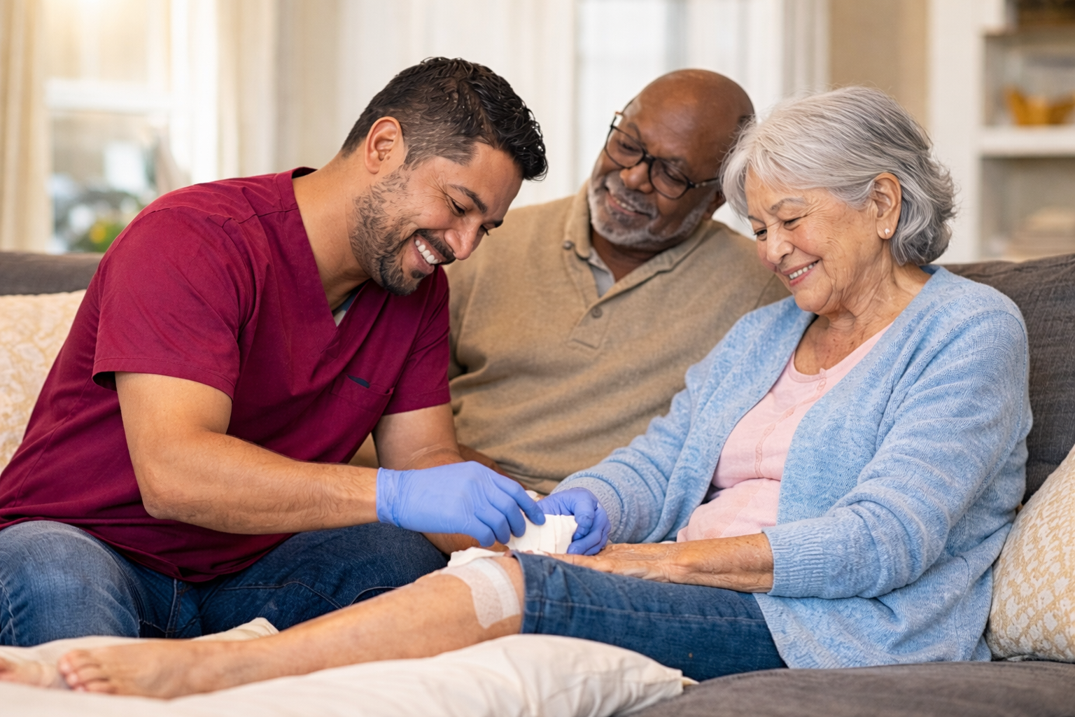 Caregiver tending to a senior's leg wound, the senior and another person look on in a home setting.