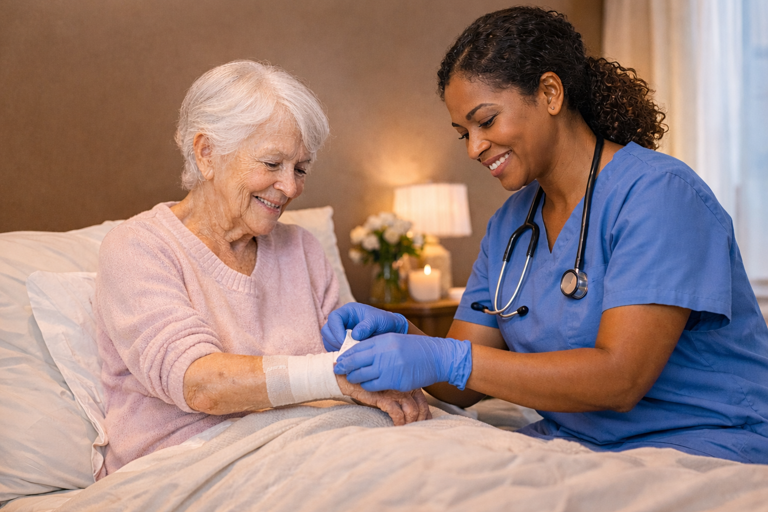 Nurse wrapping elderly patient's wrist in a bedroom. Both smiling.