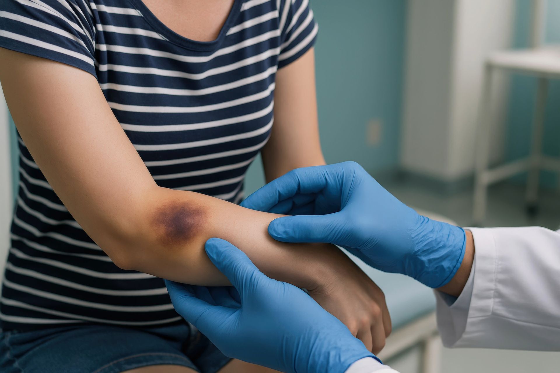Person with bruised arm being examined by a doctor wearing blue gloves in a medical setting.