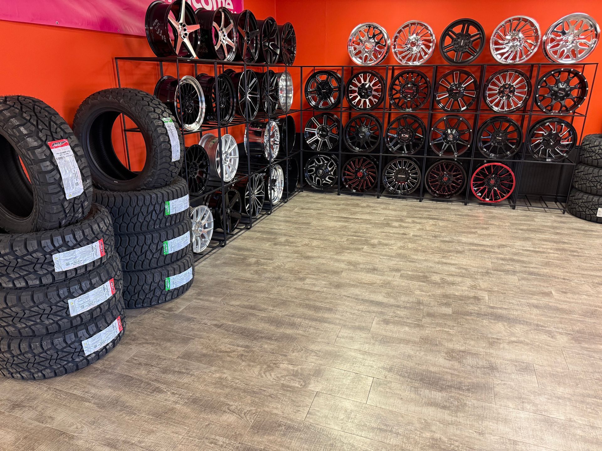 A room filled with lots of tires and wheels.