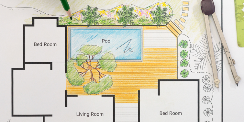 Landscape drawing showing pool design and backyard patio.