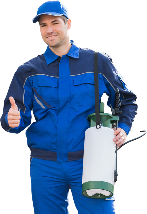 A man in a blue uniform is holding a sprayer and giving a thumbs up