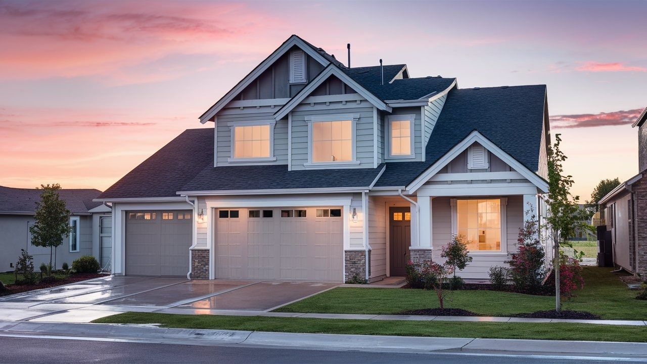 Suburban two-story house with a three-car garage at sunset, lit windows and a manicured front lawn