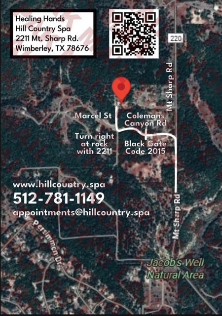 Map showing directions to Healing Hands Hill Country Spa in Wimberley, TX.  Red marker pinpoints location on Mt. Sharp Rd.