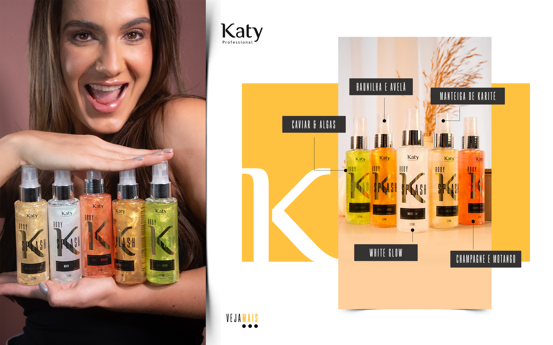 Modelo sorridente segurando as fragrâncias de Body Splash Katy, em fundo neutro e iluminado.