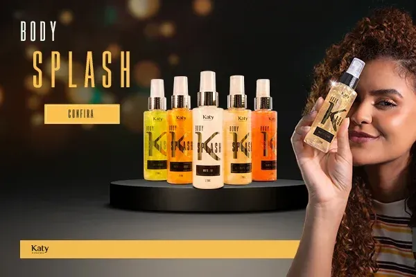 Banner com as opções de body splashs Katy, com frascos coloridos e mulher segurando um produto. 