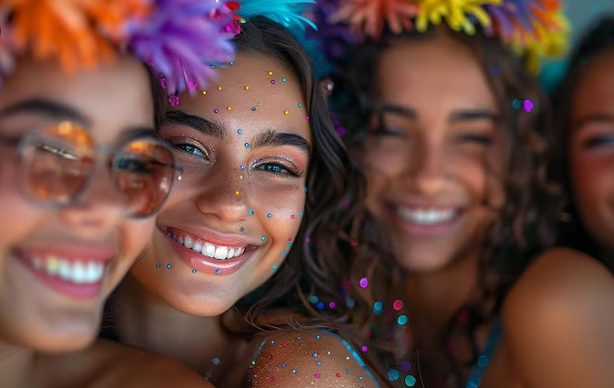 Três mulheres sorrindo com cabelos e acessórios coloridos e brilho no rosto, em ambiente festivo