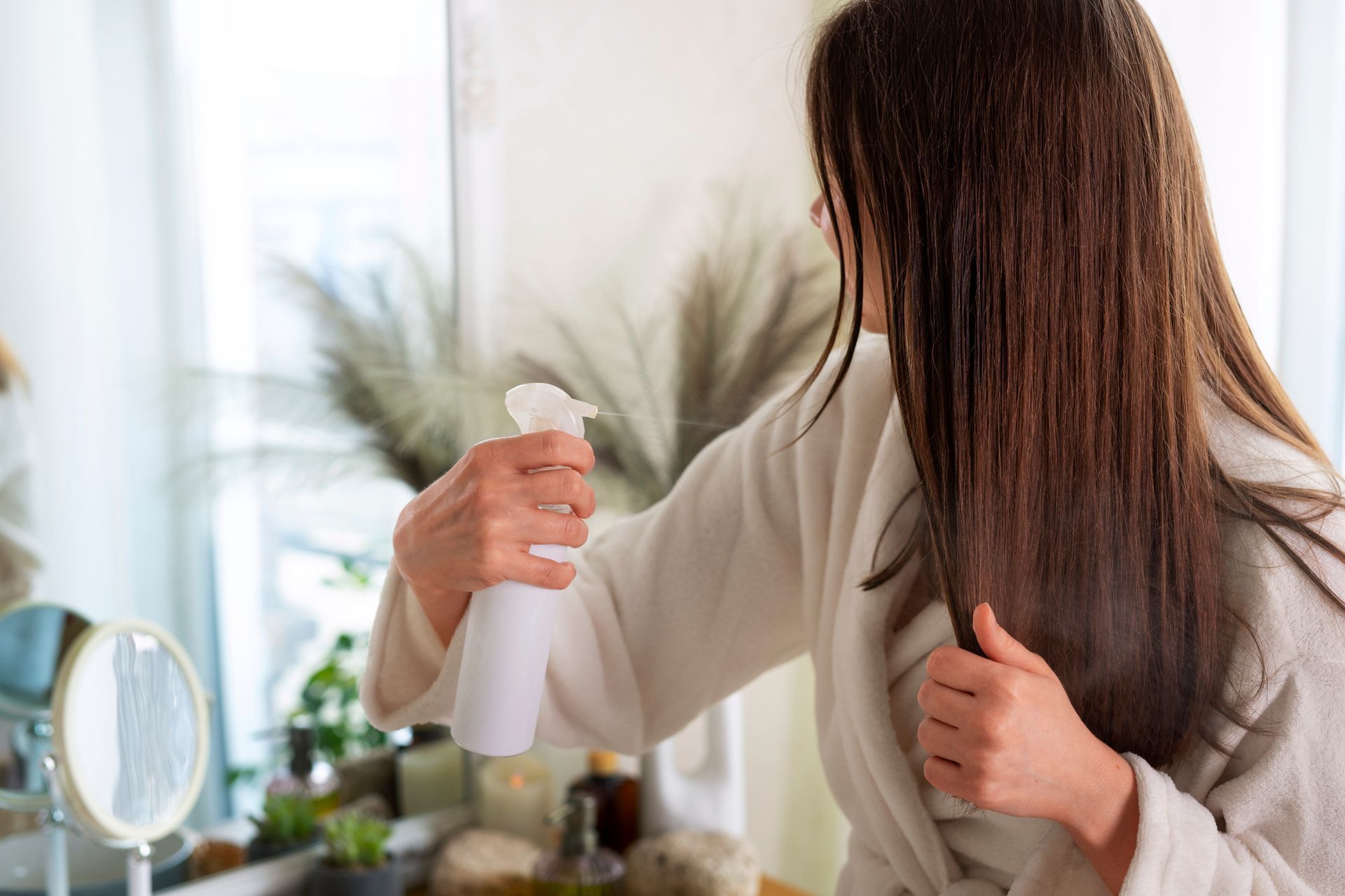 Mulher aplicando spray capilar para tratamento de hidratação profunda em casa durante outono.