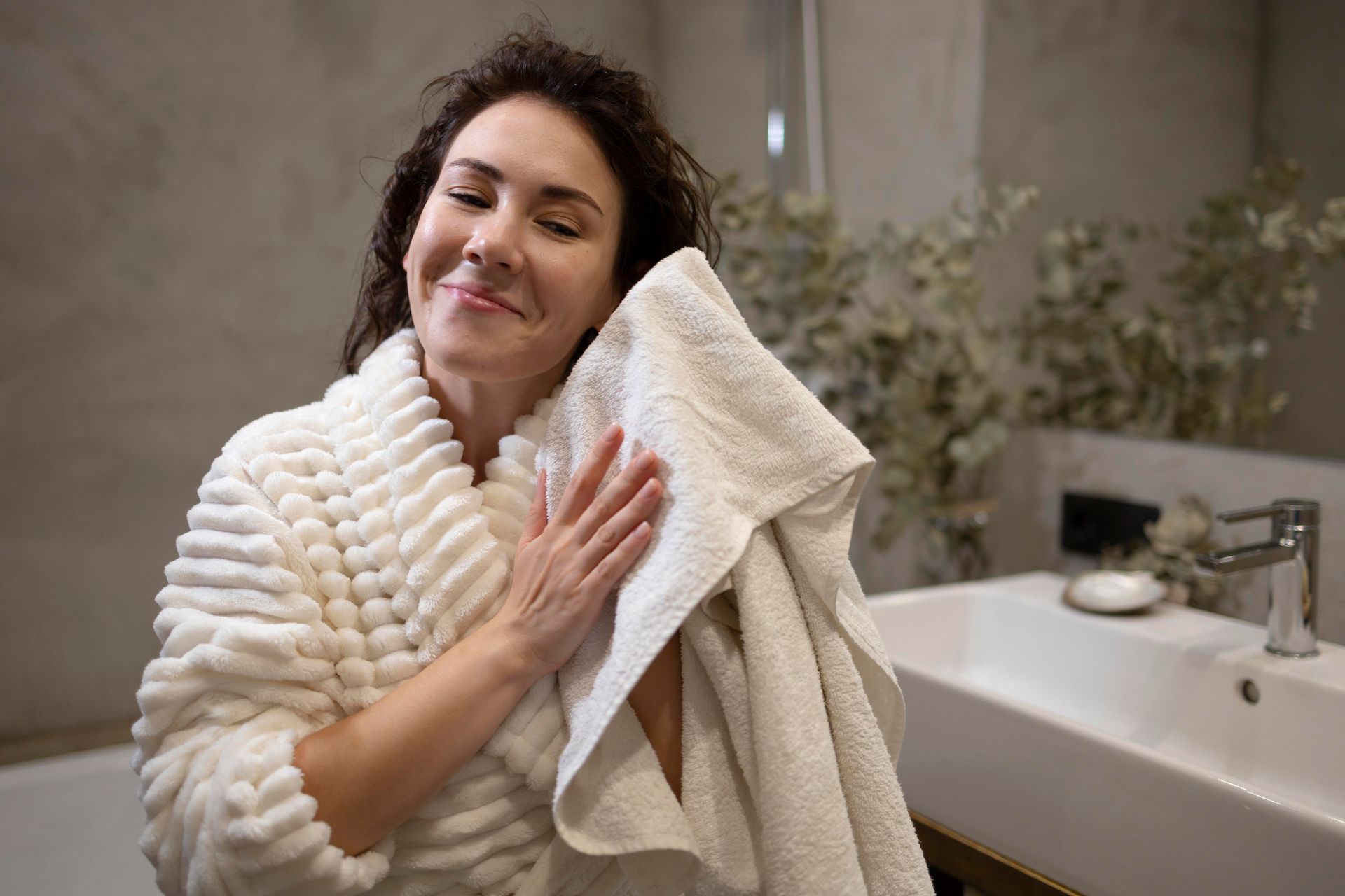 Mulher sorrindo envolta em toalha após o banho, representando cuidados com o cabelo no inverno.